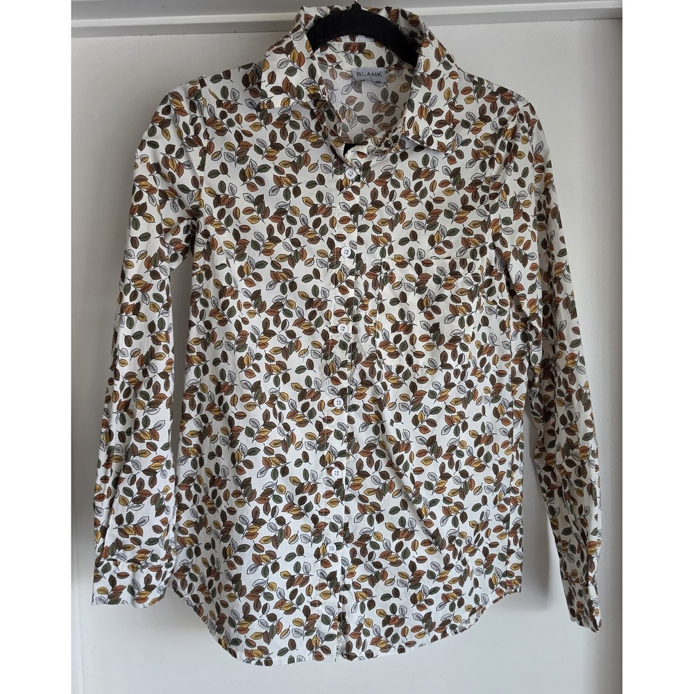 Blank Women XS White Green Leaf Print Collared Long Sleeve Cotton T-Shirt Top